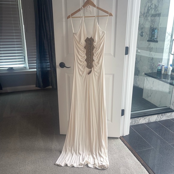 SKY Brand Halter Gown Dramatic Open Back Rayon Spandex Blend Pocahontas Large - Picture 5 of 11